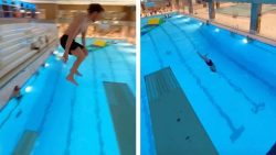 Im Schwimmbad zwischen den Sprungbrettern hüpfen im schwimmbad zwischen den sprun