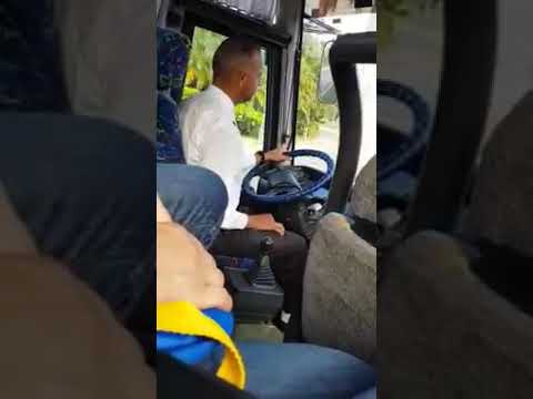 Busfahrer schaltet vorsichtig die Gänge hin und her bus gang